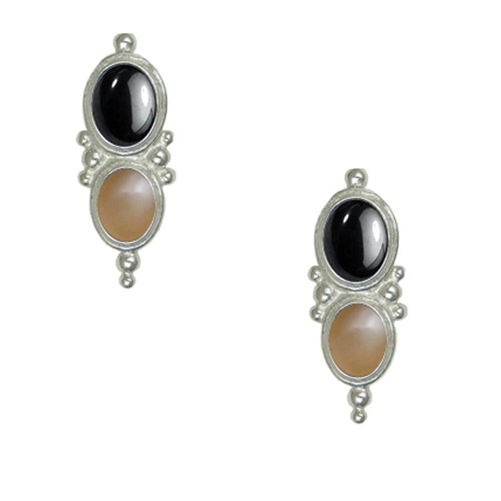 Sterling Silver Drop Dangle Earrings With Hematite And Peach Moonstone